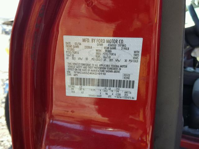 1FMCU03Z46KD10110 - 2006 FORD ESCAPE XLT RED photo 10