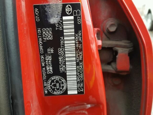 JTDKT923395277804 - 2009 TOYOTA YARIS RED photo 10