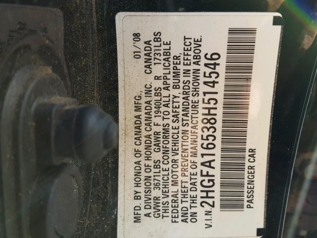 2HGFA16538H514546 - 2008 HONDA CIVIC LX BLACK photo 10