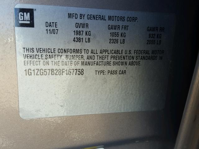 1G1ZG57B28F167758 - 2008 CHEVROLET MALIBU LS 棕色 照片 10