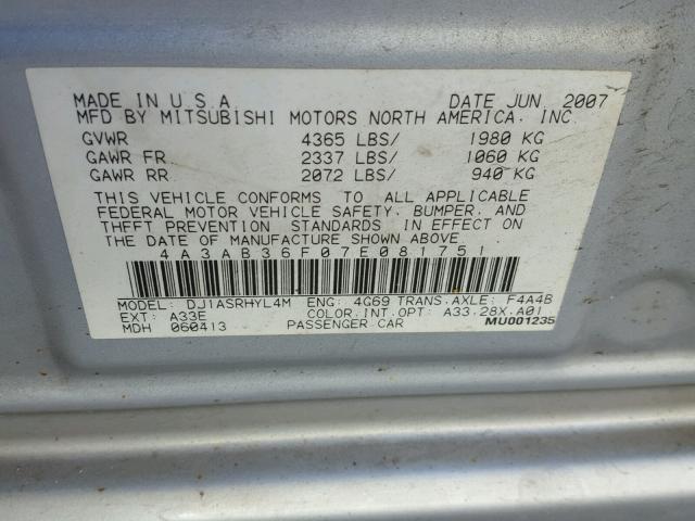 4A3AB36F07E081751 - 2007 MITSUBISHI GALANT ES SILVER photo 10