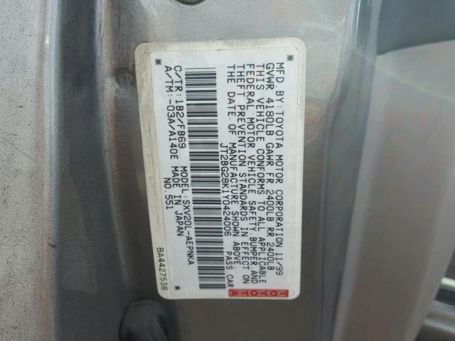 JT2BG28K1Y0424006 - 2000 TOYOTA CAMRY LE GRAY photo 10