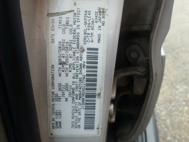 JT3GN87R0X0117742 - 1999 TOYOTA 4RUNNER LI SILVER photo 10