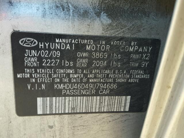 KMHDU46D49U794686 - 2009 HYUNDAI ELANTRA GL SILVER photo 10