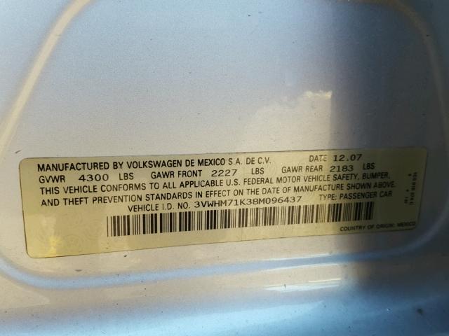 3VWHM71K38M096437 - 2008 VOLKSWAGEN JETTA S 银色 照片 10