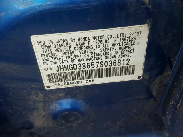 JHMGD38657S036812 - 2007 HONDA FIT S BLUE photo 10