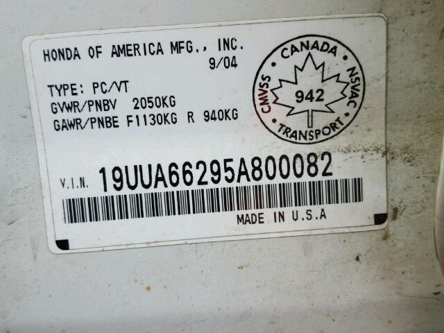 19UUA66295A800082 - 2005 ACURA TL WHITE photo 10