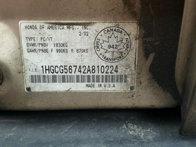 1HGCG56742A810224 - 2002 HONDA ACCORD SE GOLD photo 10