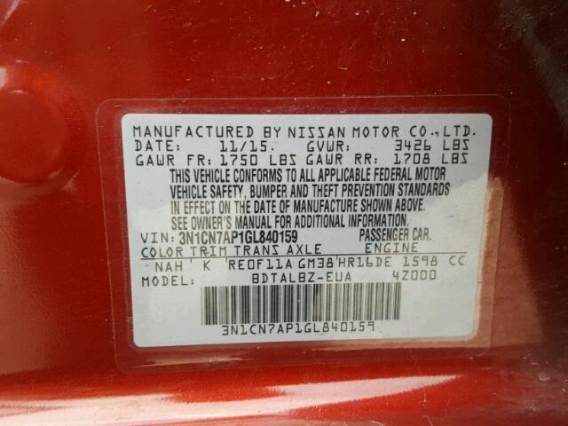 3N1CN7AP1GL840159 - 2016 NISSAN VERSA S RED photo 10