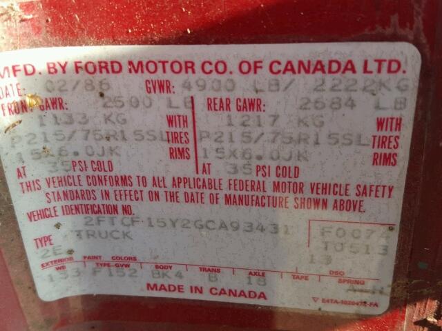 2FTCF15Y2GCA93431 - 1986 FORD F150 RED photo 10