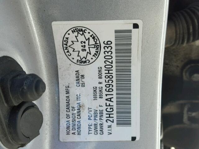 2HGFA16958H020336 - 2008 HONDA CIVIC EXL SILVER photo 10