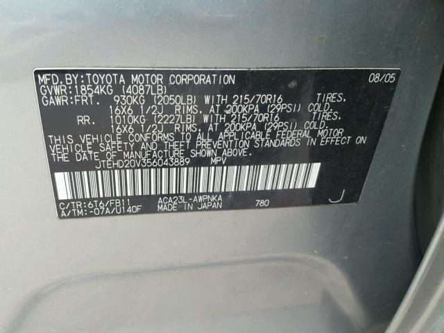 JTEHD20V356043889 - 2005 TOYOTA RAV4 SILVER photo 10