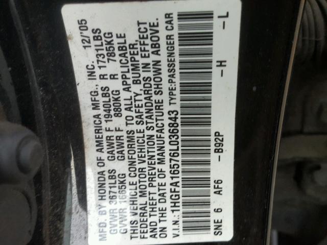 1HGFA16576L036843 - 2006 HONDA CIVIC LX BLACK photo 10