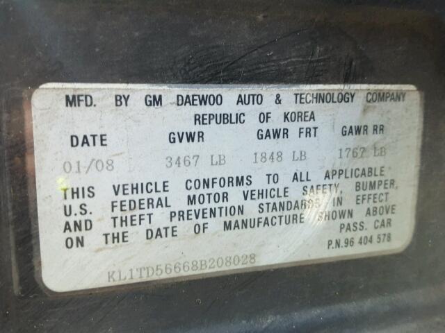 KL1TD56668B208028 - 2008 CHEVROLET AVEO BASE Czarny zdjęcie 10