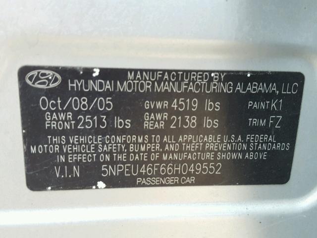 5NPEU46F66H049552 - 2006 HYUNDAI SONATA SILVER photo 10