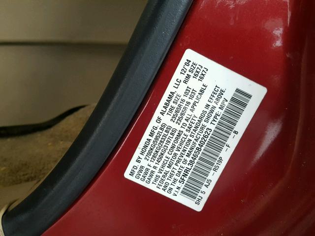 5FNRL38465B402623 - 2005 HONDA ODYSSEY EX RED photo 10