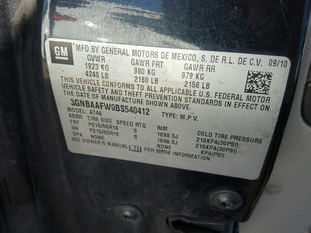 3GNBAAFW0BS540412 - 2011 CHEVROLET HHR LS BLACK photo 10