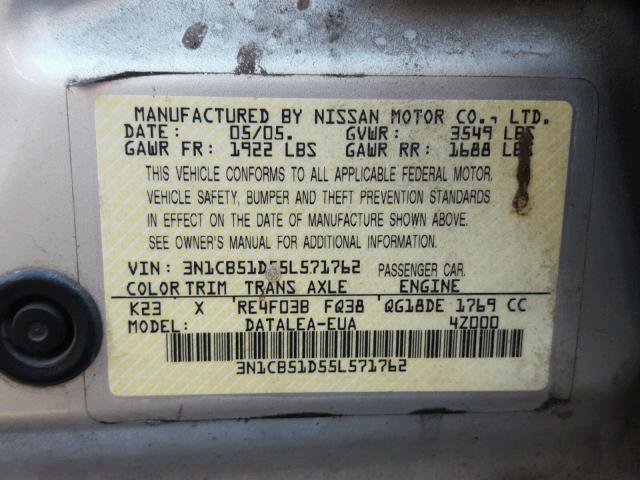 3N1CB51D55L571762 - 2005 NISSAN SENTRA 1.8 SILVER photo 10