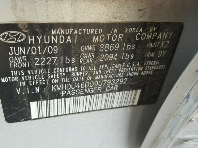 KMHDU46D09U793292 - 2009 HYUNDAI ELANTRA GL SILVER photo 10