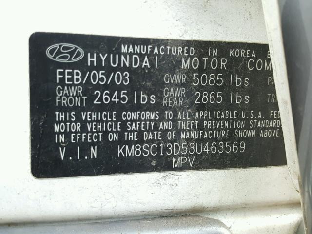 KM8SC13D53U463569 - 2003 HYUNDAI SANTA FE G WHITE photo 10