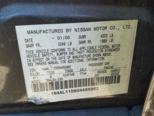 1N4AL11D95N465962 - 2005 NISSAN ALTIMA S CHARCOAL photo 10