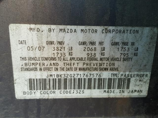 JM1BK32G271767576 - 2007 MAZDA 3 I CHARCOAL photo 10