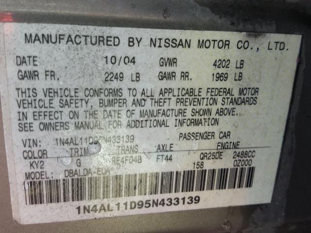 1N4AL11D95N433139 - 2005 NISSAN ALTIMA S GRAY photo 10