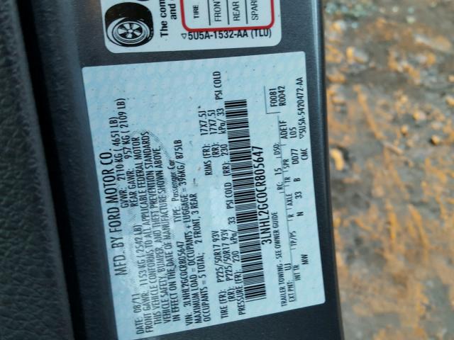 3LNHL2GC0CR805647 - 2012 LINCOLN MKZ ნაცრისფერი ფოტო 10