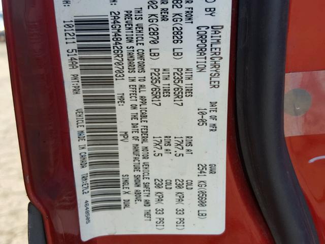 2A4GM48426R707031 - 2006 CHRYSLER PACIFICA RED photo 10