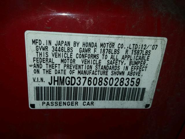 JHMGD37608S028359 - 2008 HONDA FIT SPORT RED photo 10