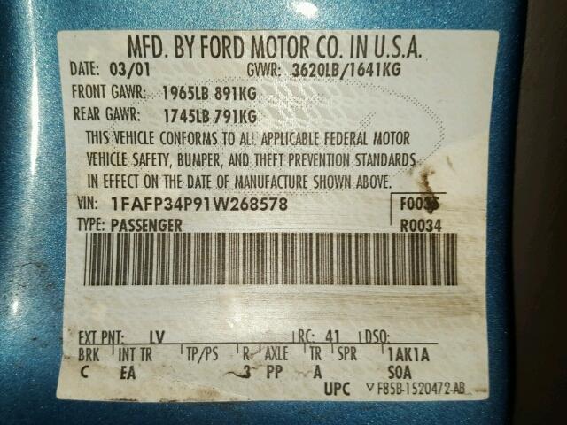 1FAFP34P91W268578 - 2001 FORD FOCUS SE BLUE photo 10