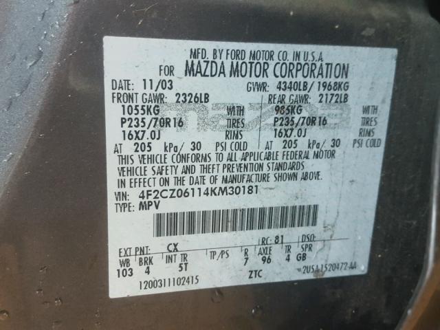 4F2CZ06114KM30181 - 2004 MAZDA TRIBUTE ES ნაცრისფერი ფოტო 10