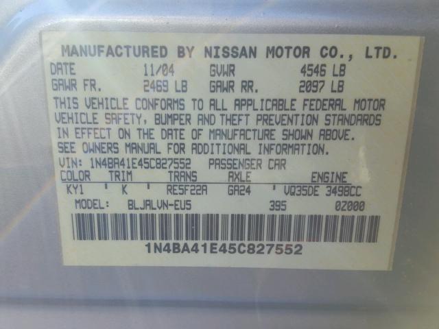 1N4BA41E45C827552 - 2005 NISSAN MAXIMA SE SILVER photo 10