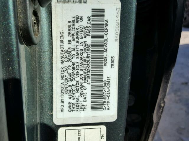 4T1BE32K52U571680 - 2002 TOYOTA CAMRY LE GREEN photo 10