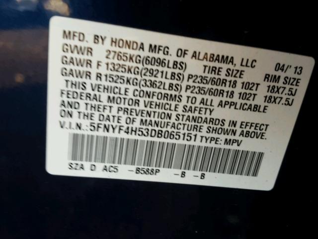 5FNYF4H53DB065151 - 2013 HONDA PILOT EXL BLUE photo 10