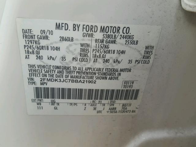 2FMDK3JC7BBA21902 - 2011 FORD EDGE SEL WHITE photo 10