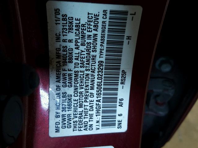 1HGFA16506L023299 - 2006 HONDA CIVIC LX BURGUNDY photo 10