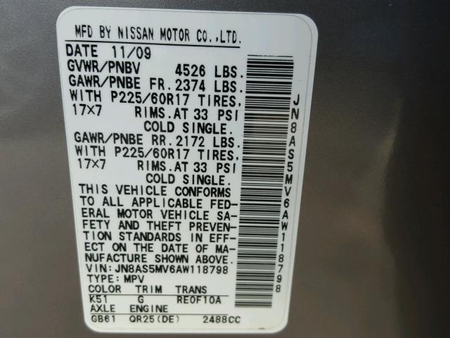 JN8AS5MV6AW118798 - 2010 NISSAN ROGUE S GRAY photo 10