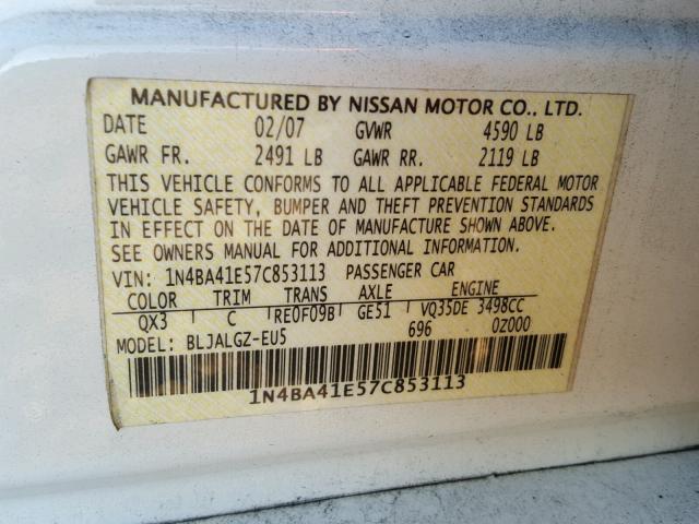 1N4BA41E57C853113 - 2007 NISSAN MAXIMA SE WHITE photo 10