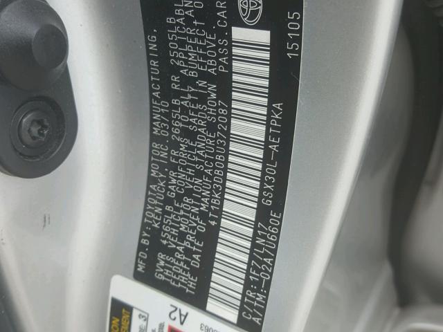 4T1BK3DB0BU372087 - 2011 TOYOTA AVALON BAS SILVER photo 10