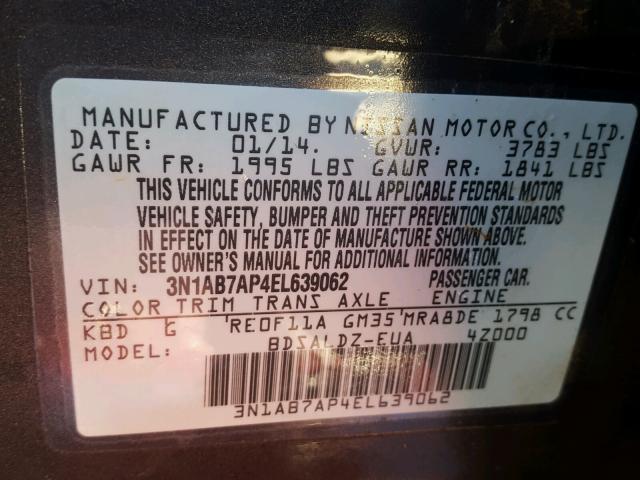 3N1AB7AP4EL639062 - 2014 NISSAN SENTRA S GRAY photo 10