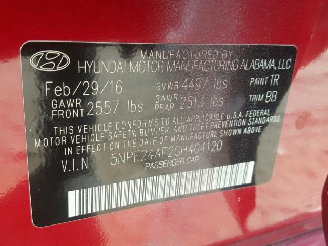 5NPE24AF2GH404120 - 2016 HYUNDAI SONATA SE RED photo 10