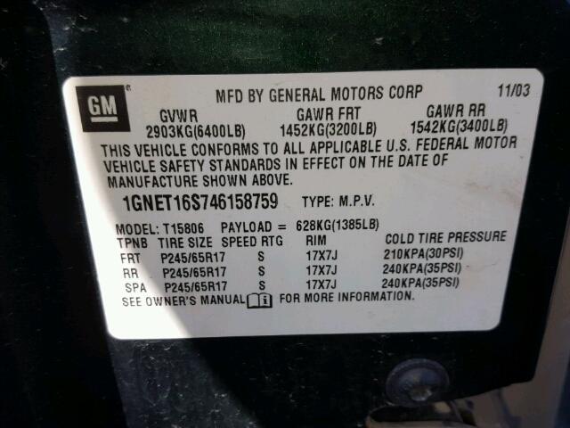 1GNET16S746158759 - 2004 CHEVROLET TRAILBLAZE GREEN photo 10