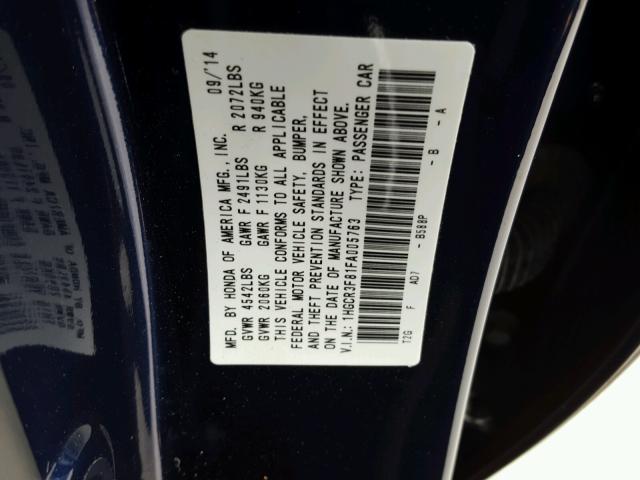 1HGCR3F81FA005763 - 2015 HONDA ACCORD EXL BLUE photo 10