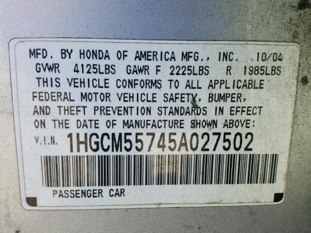 1HGCM55745A027502 - 2005 HONDA ACCORD EX SILVER photo 10