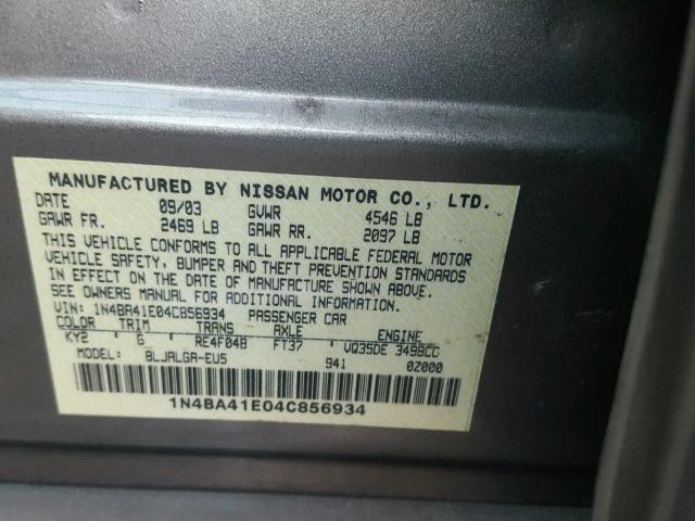 1N4BA41E04C856934 - 2004 NISSAN MAXIMA SE GRAY photo 10