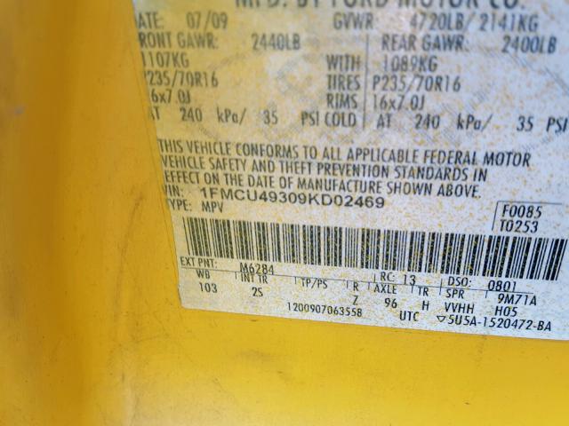 1FMCU49309KD02469 - 2009 FORD ESCAPE HYB YELLOW photo 10