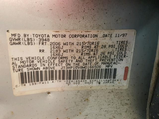 JT3HP10V8W0166506 - 1998 TOYOTA RAV4 SILVER photo 10