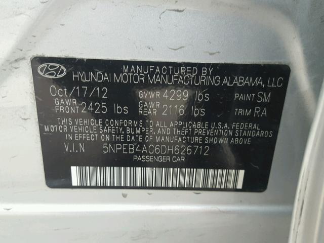 5NPEB4AC6DH626712 - 2013 HYUNDAI SONATA GLS SILVER photo 10