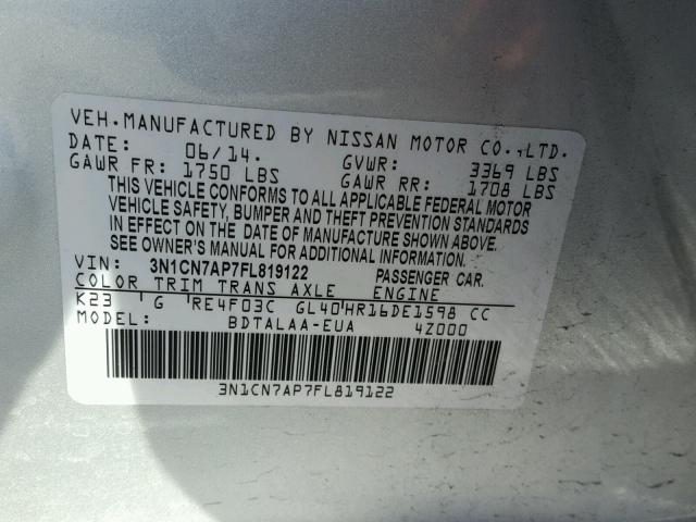 3N1CN7AP7FL819122 - 2015 NISSAN VERSA S SILVER photo 10